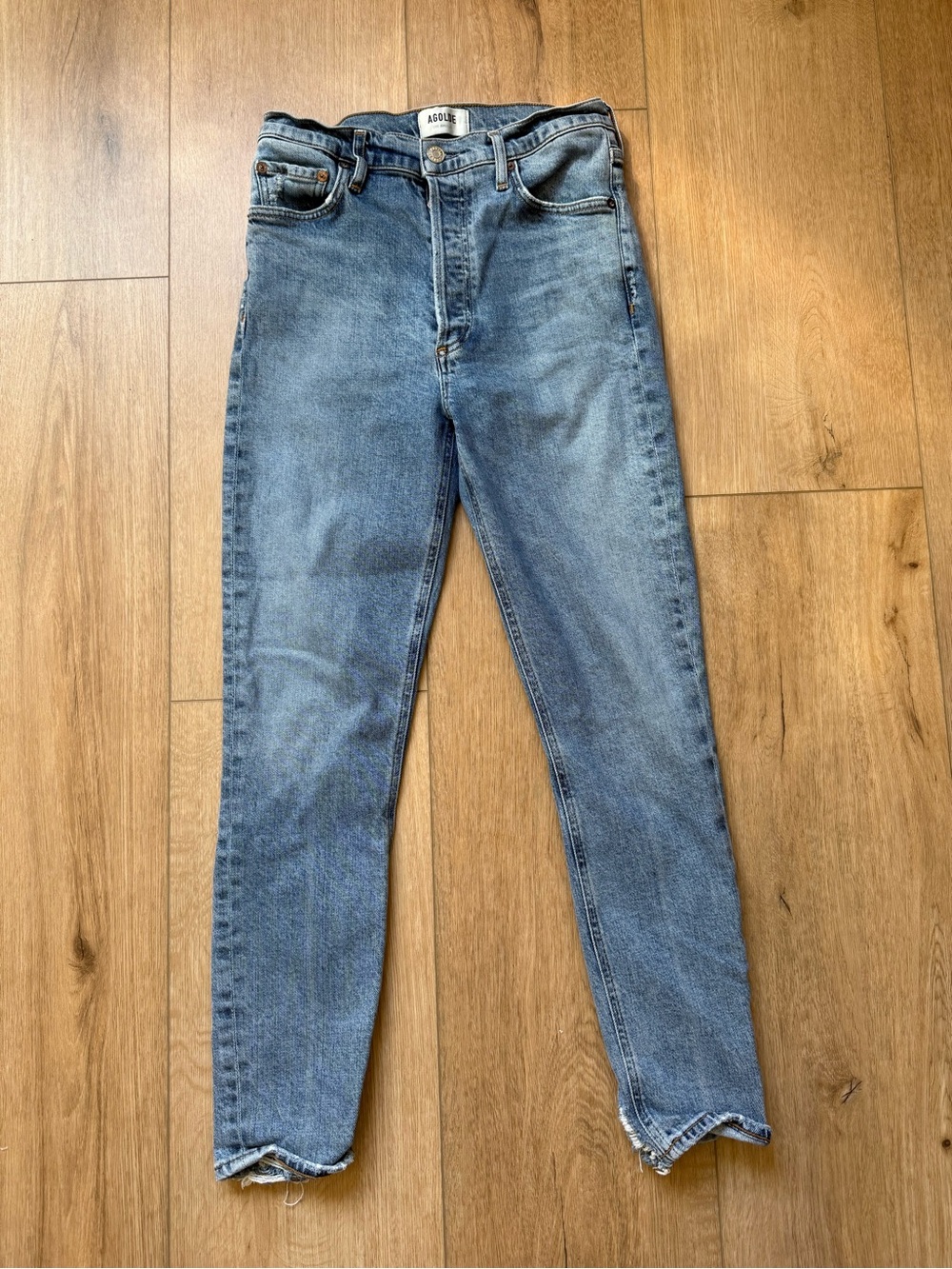 Agolde High Rise Light Blue Skinny Jeans with Button Fly